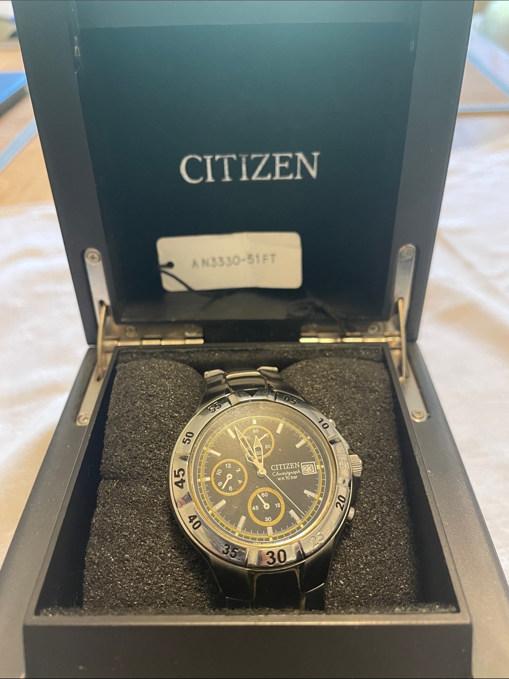 Citizen Men's Black Dial Stainless Steel Chronograph with Yellow Accents
